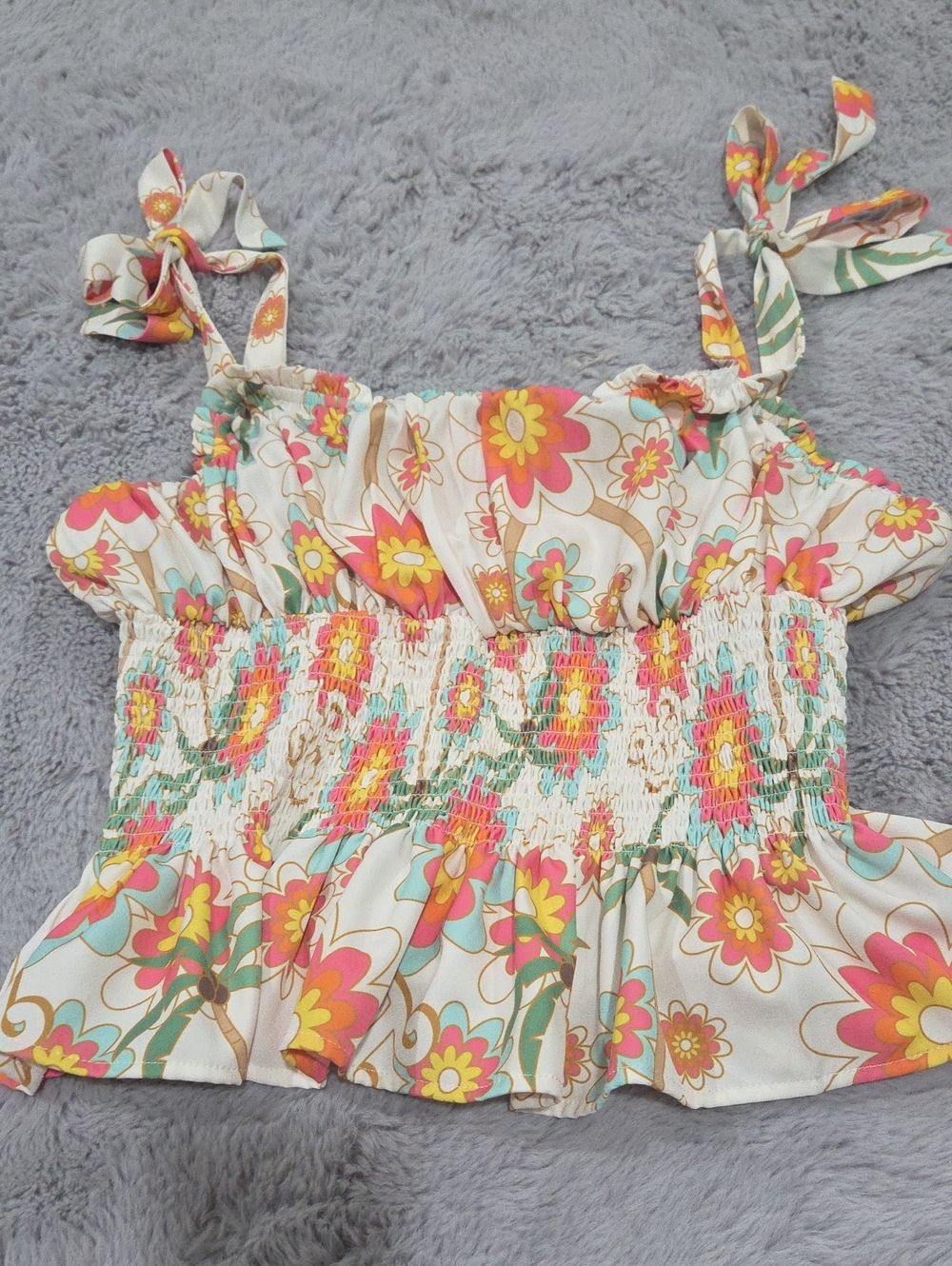 Unique Vintage Barbie Floral Smocked Tie-Strap Camisole